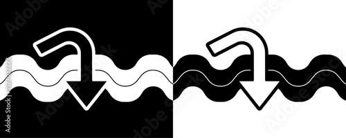 Black and White Abstract Arrow Pointing Down into Wavy Lines, Concept of Drowning, Sinking, or Entering Water, Vector Graphic Design Element