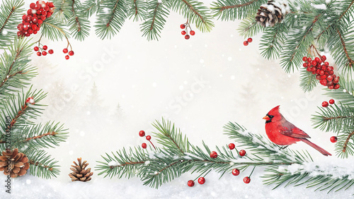 Watercolor christmas scene featuring a red cardinal bird pine branches and snow