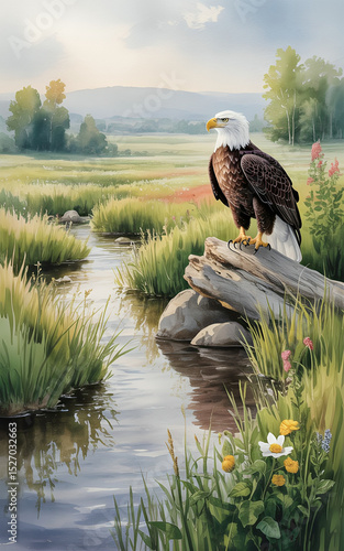 Majestic American bald eagle flying over snowy wilderness with sharp eyes and white feathers