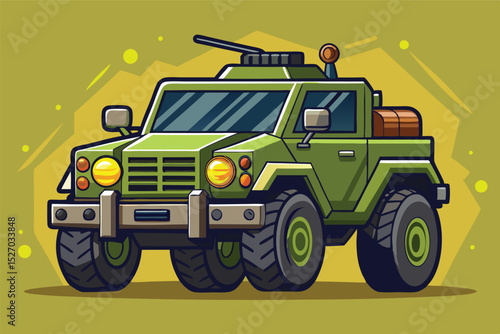 Vector illustration of an armored military vehicle in the desert with an orange and red gradient background during the daytime