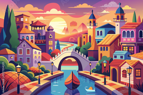 Old town urban street illustration at night