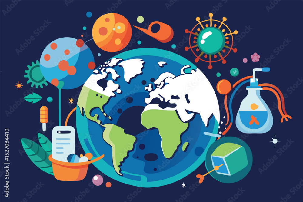 Naklejka premium Global pandemic recovery concept with science, medicine, and finance icons in dark blue background