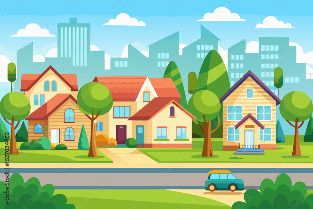 Naklejka premium Cartoon vector illustration of houses in a city and a village landscape with trees and sky