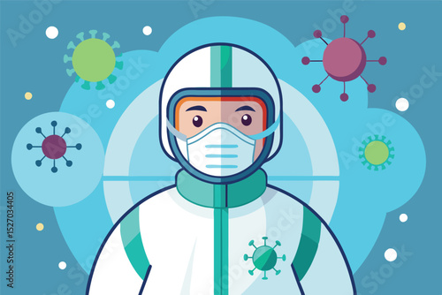 Healthcare worker wearing personal protective equipment amid coronavirus particles on blue background vector illustration