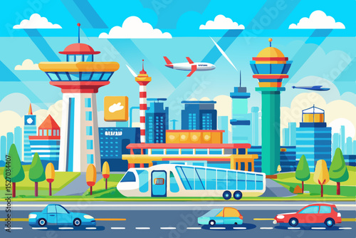 Urban traffic flows down a city street, past buildings and houses under a cartoon sky, illustrating the bustling town landscape