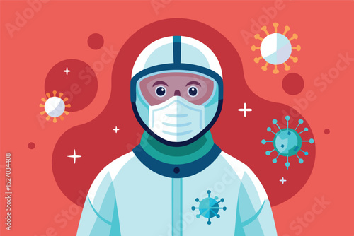 Healthcare worker wearing personal protective equipment amid coronavirus particles on blue background vector illustration