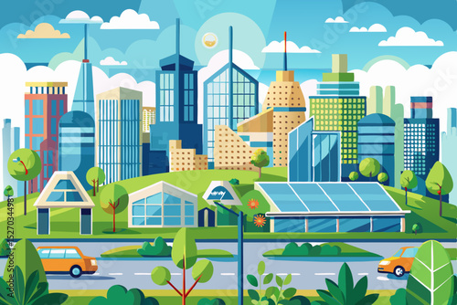 Urban landscape vector illustration: cartoon city skyline with buildings, houses, and trees along a street