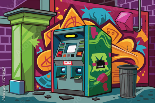 Decorated atm machine stands on a city sidewalk with colorful graffiti on the adjacent brick wall on a bright, sunny day