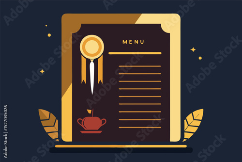 Elegant menu design featuring gold accents, menu title, item listings, award rosette, teapot illustration, leaf details, and dark background