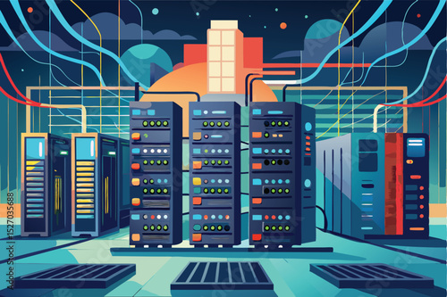 Data center server room infrastructure with cloud computing and network connection clipart vector illustration