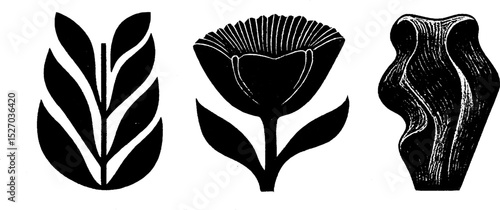 Folk art style illustration set featuring floral and abstract wooden carving designs