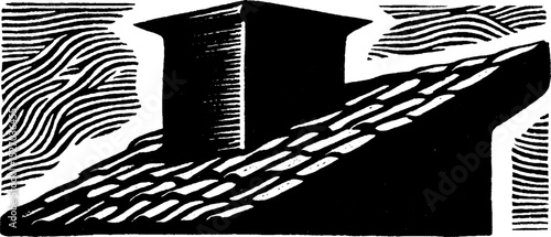 Folk art style woodcut of rooftop with textured print design