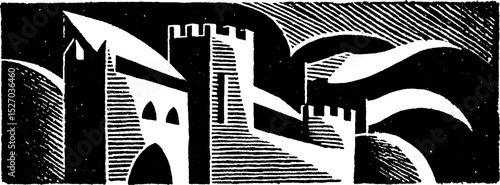 Folk art style illustration of architectural fortress with woodcut print texture