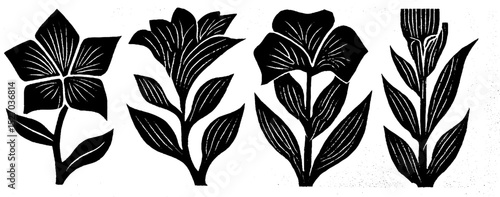 Folk art woodcut floral illustration with rustic texture theme