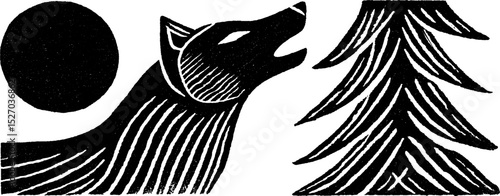 Folk art style illustration featuring howling wolf and pine tree with woodcut print texture