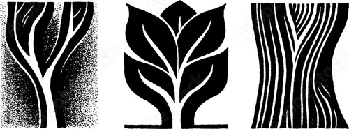 Folk art style woodcut illustration featuring tree and leaf motifs with textured print design