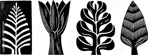 Folk art style botanical illustration with woodcut print texture for design