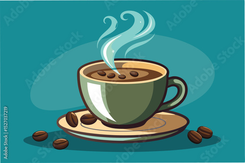 Cup of hot coffee with coffee beans on a white plate, served in the morning, vector illustration