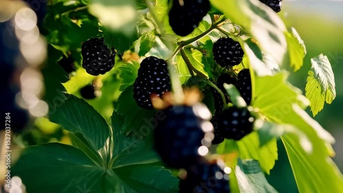 Close-up of juicy ripe blackberries growing on a branch with green leaves in a garden on a sunny day for harvest or organic farming