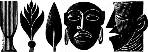 Neo folk art illustration set featuring symbolic african elements and faces