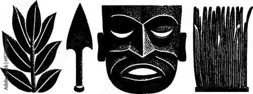 Neo folk art style ancestral symbols set featuring mask, tools, and nature elements