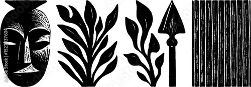 Neo folk art style ancestral illustration set with mask and nature elements