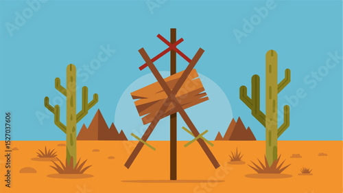 A handmade sign made of sticks and twine p next to a driedup cactus warning travelers of the lack of water in the vicinity.. Vector illustration