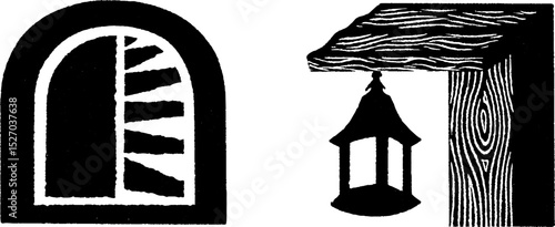 Neo folk art style illustration set featuring arched windows and wood lantern design