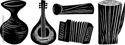 Neo folk art style illustration set featuring balalaika and traditional musical instruments