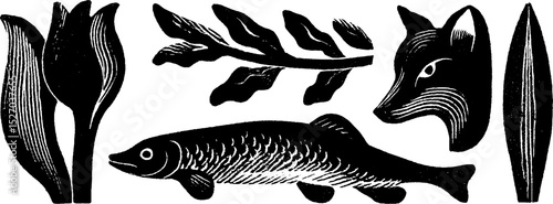 Neo folk art illustration set with fish and fox featuring nature elements for decorative design