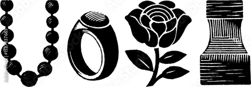 Neo folk art beaded necklace and floral ring illustration set for creative design