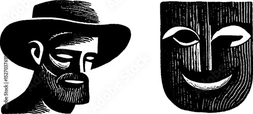 Neo folk art style illustration set featuring bearded man and mask design