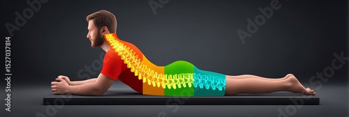 Chronic back pain sufferer doing McKenzie extensions in Chronic pain rehabilitation with a thermal map overlay illustrating reduced disc pressure