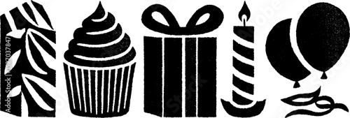 Neo folk art celebration elements: cake, cupcake, gift, candle, balloons