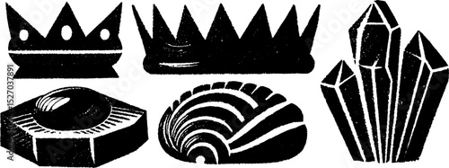 Neo folk art style jewelry and crown illustration set