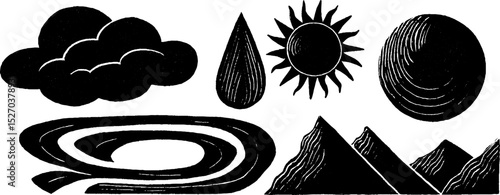 Neo folk art style illustration set: cumulus cloud, sun, raindrop, and geometric shapes for design