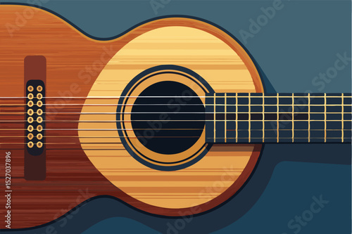 Closeup illustration of a light brown acoustic guitar body and neck with frets and strings displayed on a neutral background