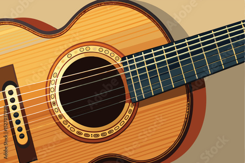 Closeup illustration of a light brown acoustic guitar body and neck with frets and strings displayed on a neutral background