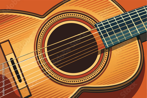 Closeup illustration of a light brown acoustic guitar body and neck with frets and strings displayed on a neutral background