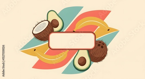 Tropical Fruit Label Frame with Coconut and Avocado