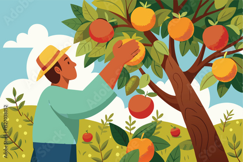 Illustration of apple harvest in orchard with farmer picking fruit from tree in daytime