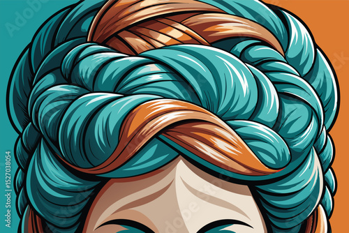 Close up drawing of Womans blue braided hair, front view, hair styled in braids, digital artwork, bright cartoon style, graphic illustration on teal and orange background