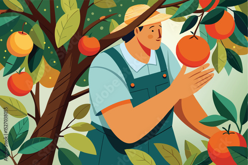 Illustration of apple harvest in orchard with farmer picking fruit from tree in daytime