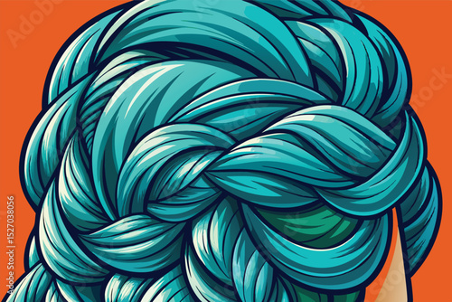 Close up drawing of Womans blue braided hair, front view, hair styled in braids, digital artwork, bright cartoon style, graphic illustration on teal and orange background