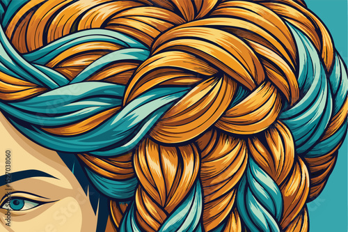 Close up drawing of Womans blue braided hair, front view, hair styled in braids, digital artwork, bright cartoon style, graphic illustration on teal and orange background