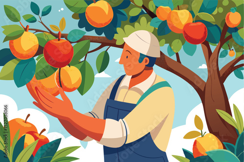 Illustration of apple harvest in orchard with farmer picking fruit from tree in daytime