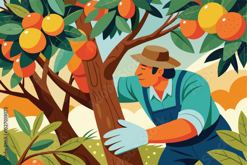 Illustration of apple harvest in orchard with farmer picking fruit from tree in daytime