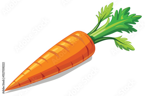 Vector clipart features a bright orange Carrot with vibrant green leafy tops, resting on a grey surface, in the style of a simple cartoon