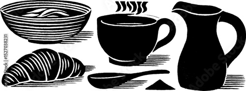 Neo folk art style mocha cup and breakfast set illustration for kitchen decor