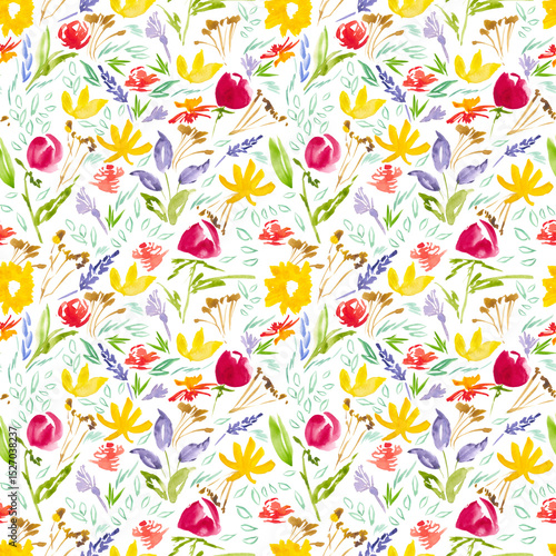 Fototapeta Vibrant watercolor seamless pattern with wildflowers and foliage